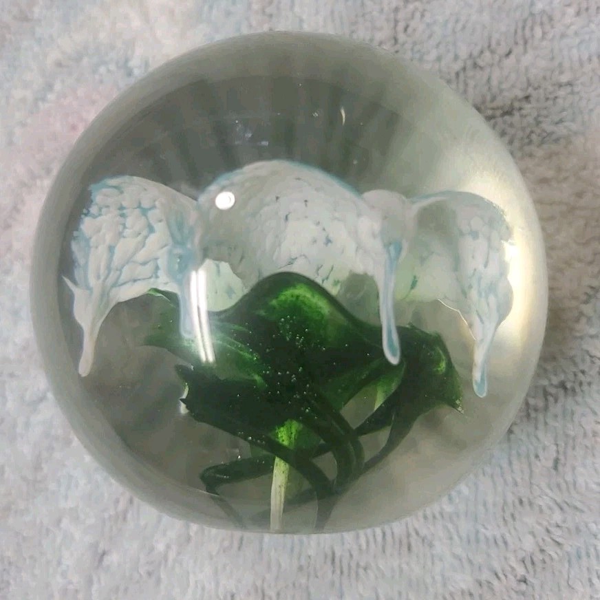 Hand Blown Glass Paperweight Blue And White Flowers With Green Signed By Artist