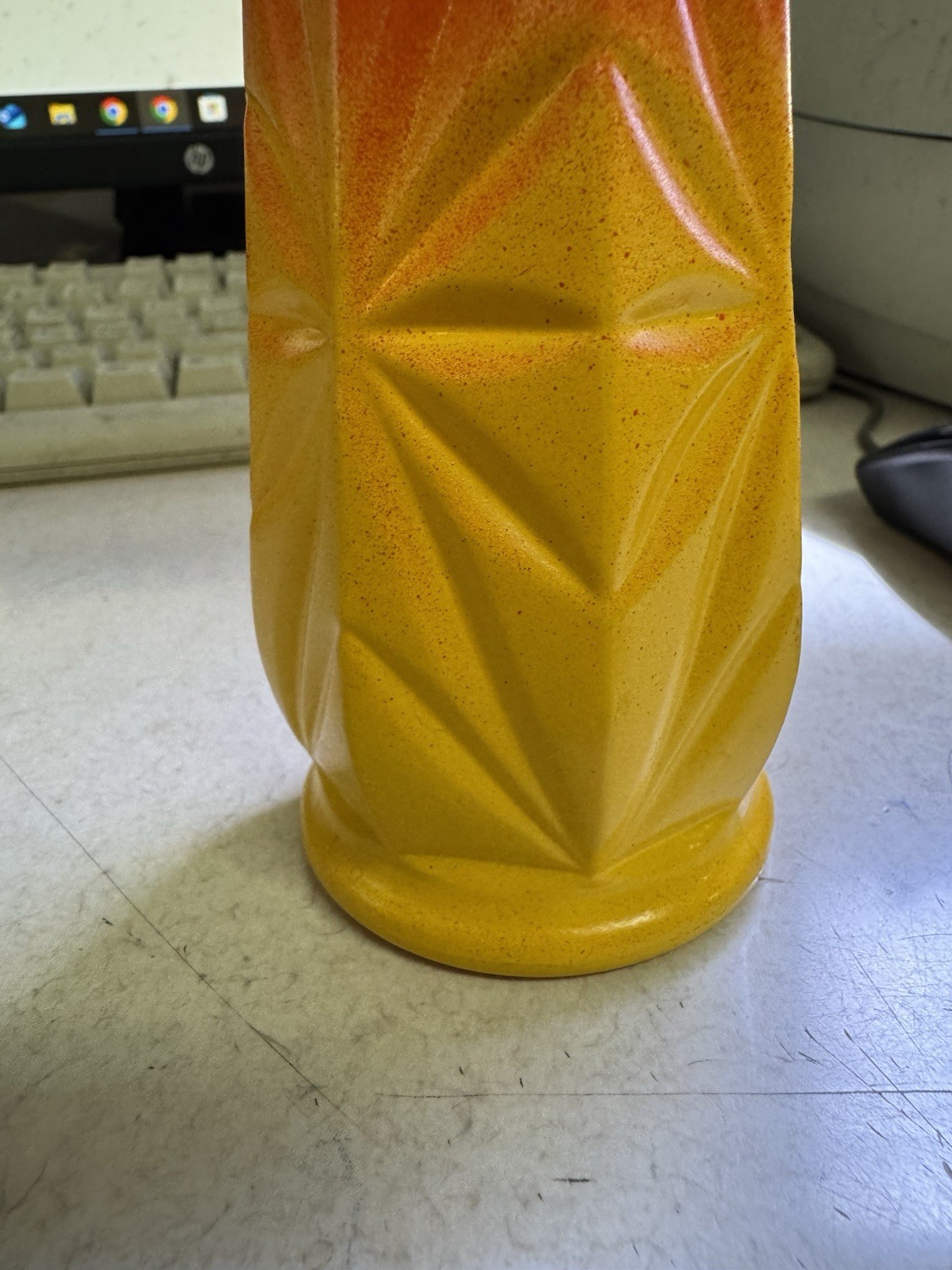 Beautiful 9” Milk Glass Vase Pained Orange And Yellow