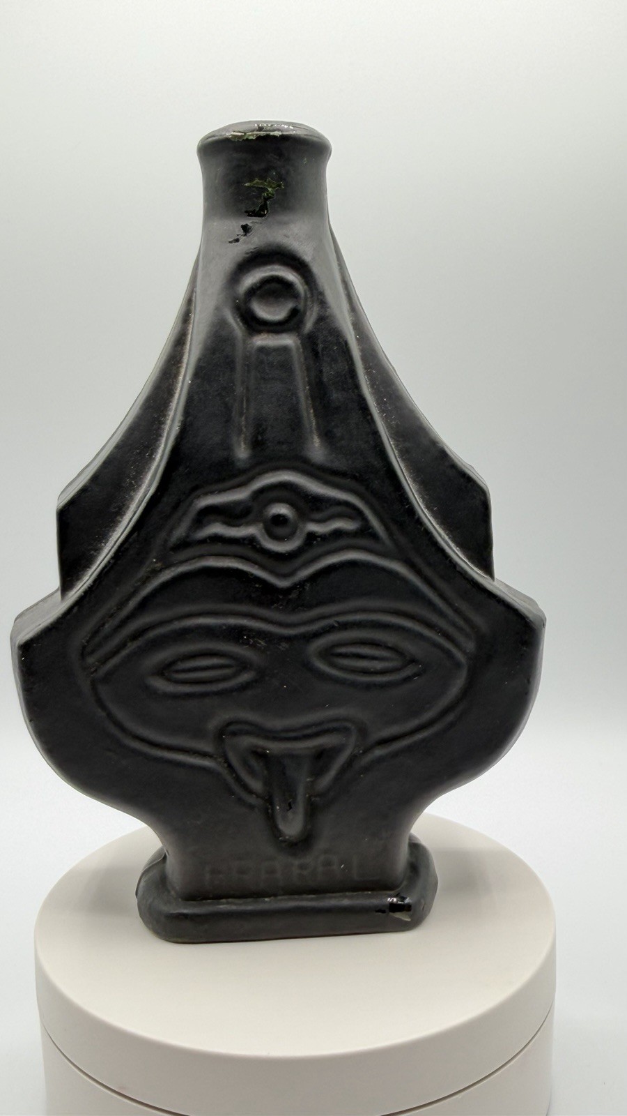 Vintage Black Glass Inca Face Pisco Bottle 6.75 Inches #5