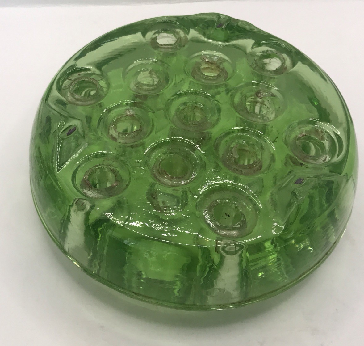 Uranium Green Glass Footed Flower Frog Heavy 13 Holes 4.75 In Vintage