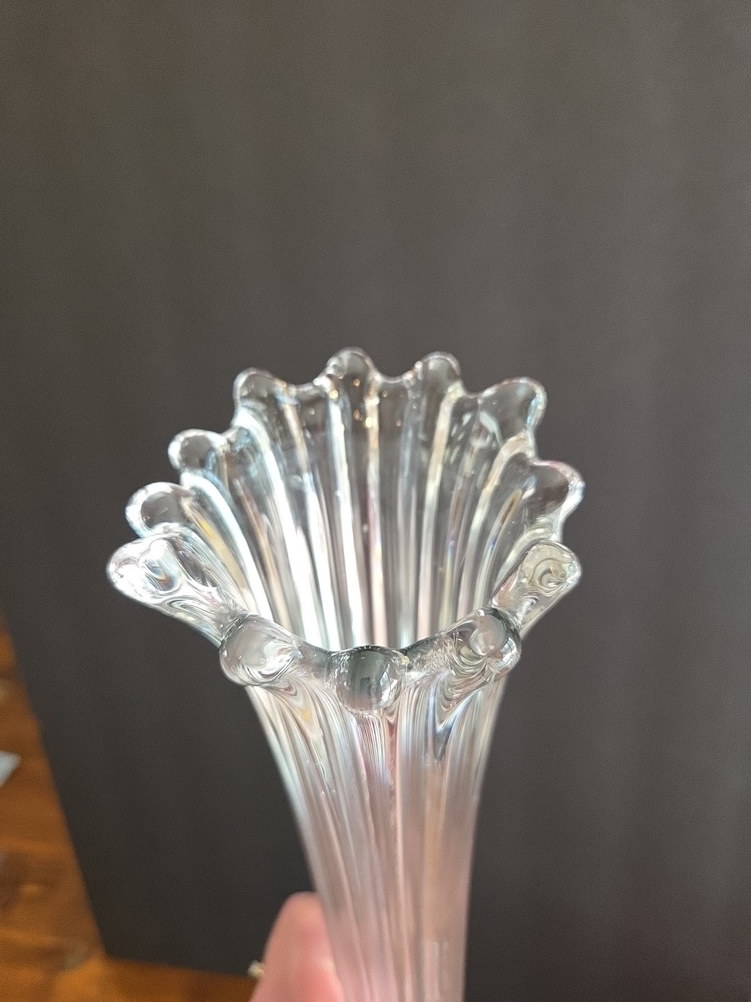 Vintage Stretch Swung Vase Clear Glass Thick Defined Ribbed Base – 22.5″ Tall
