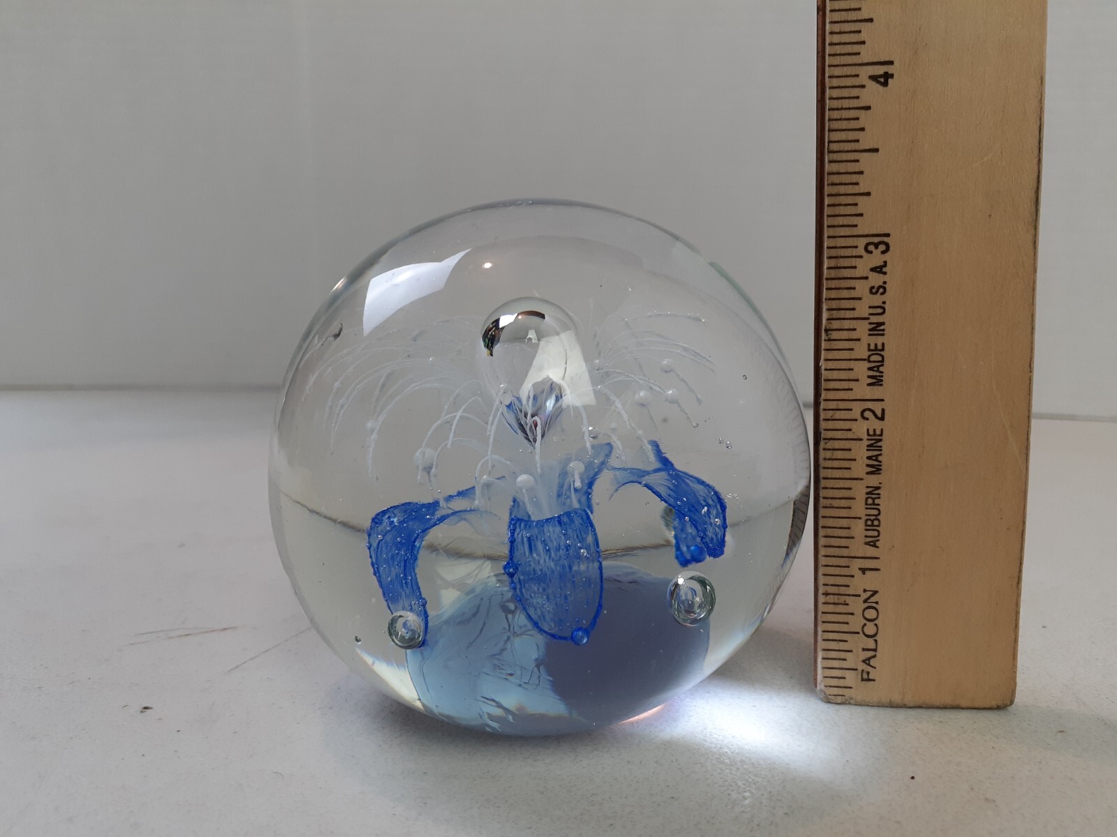 Vintage Art Glass Hand Blown Paperweight Blue & White Flower Controlled Bubbles