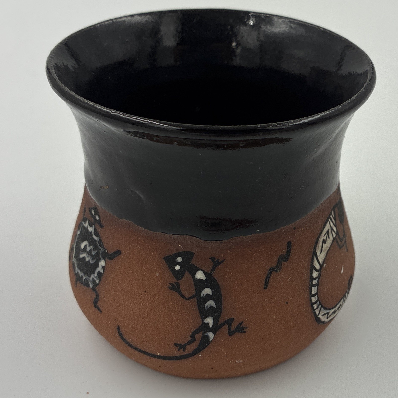 Pottery vase Brown & Black Lizard Pattern Glossy Finish Signed Shirley