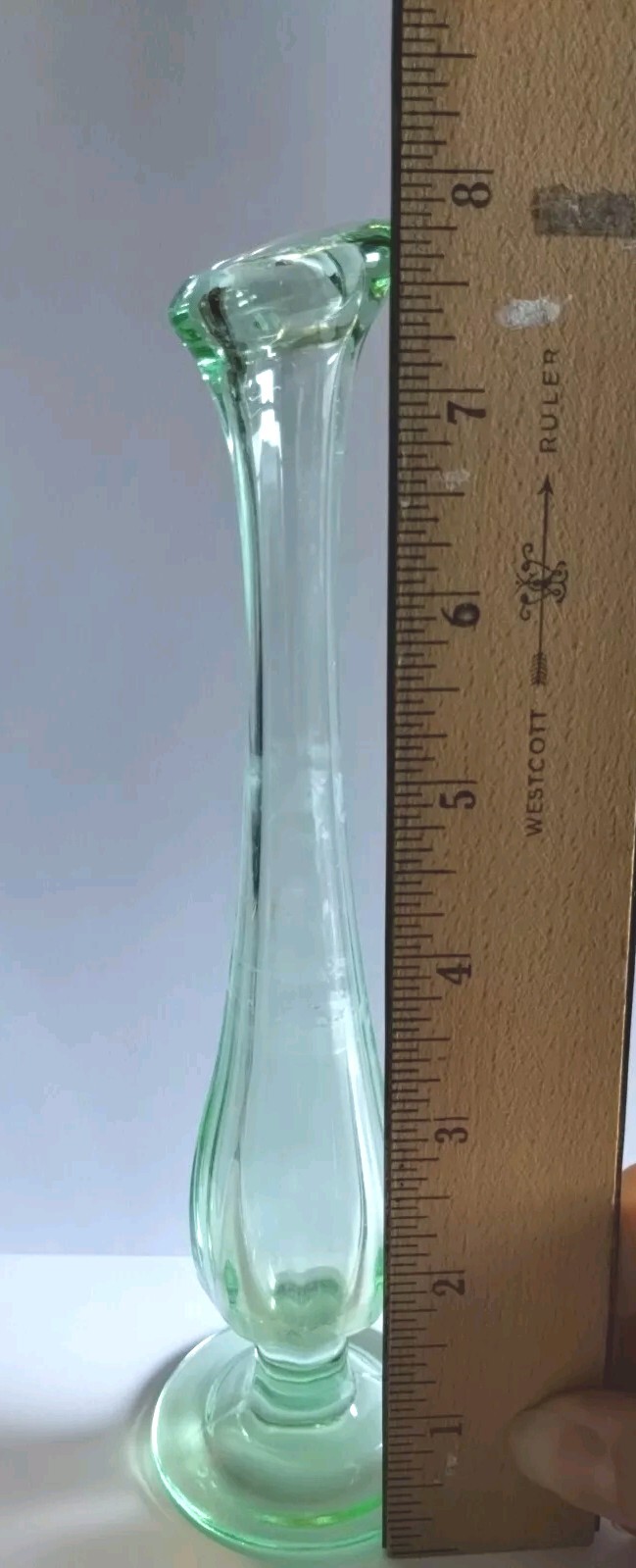Vtg 60s 70s Glass Light Mint Green Swung Bud Vase Footed Thick Lip MCM