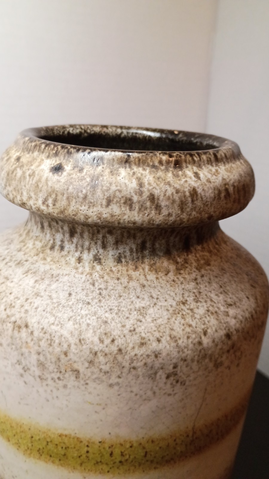 West Germany Speckled Striped Pottery Vase White Brown Yellow 12 in Tall