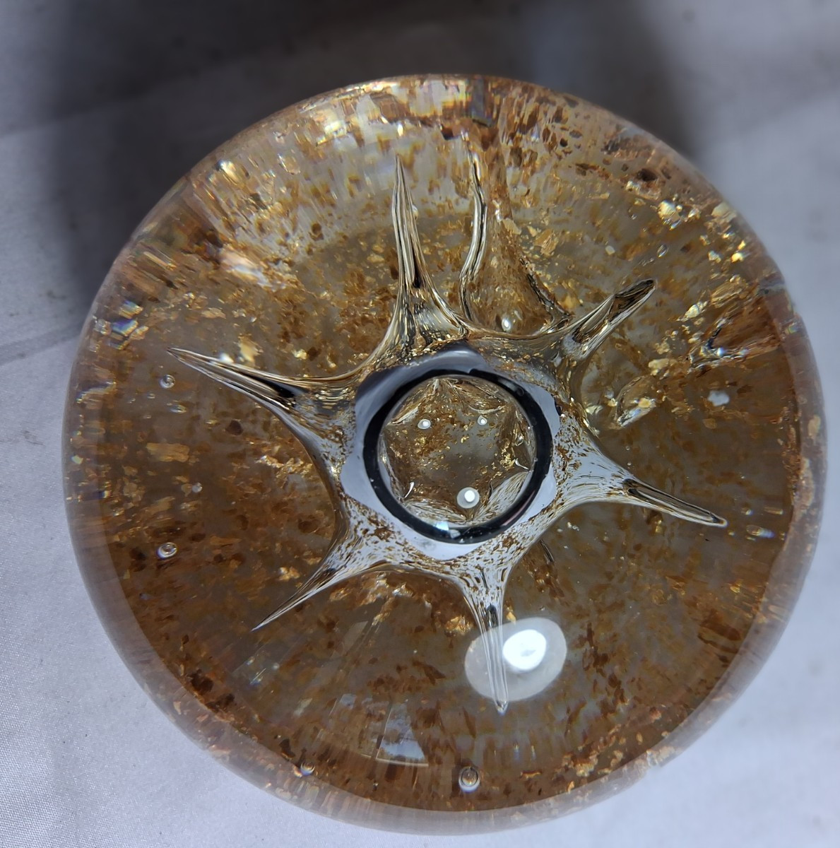 Art Glass Paperweight Clear Gold Flake Glitter Star Bubble 4″ 2.7 Pounds