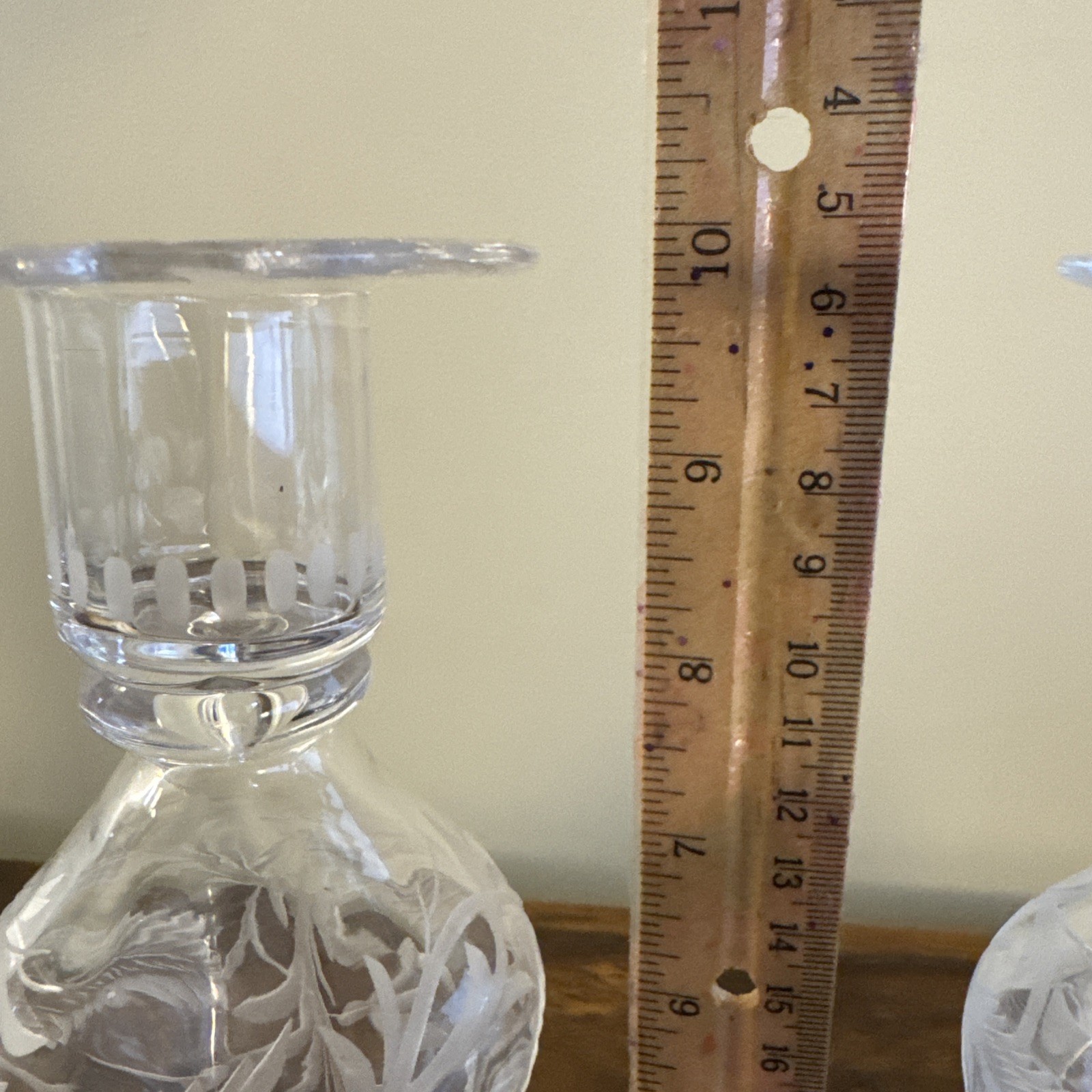 Signed Libbey ABP Crystal Candlestick Pair c.1910 Pyriform Stem Engraved #0192