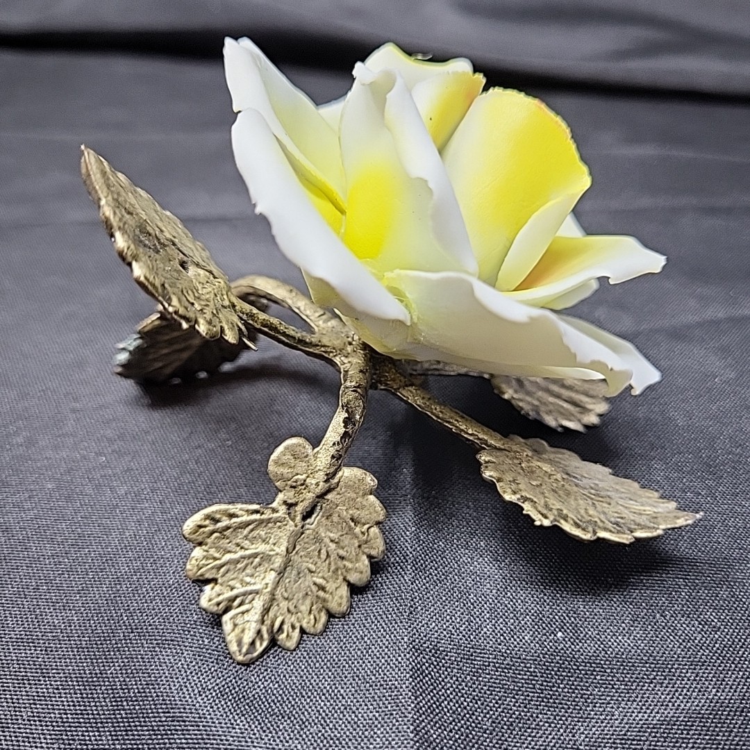 Capodimonte Italy Porcelain Yellow And Pink Flower Attached Metal Leaf Stand
