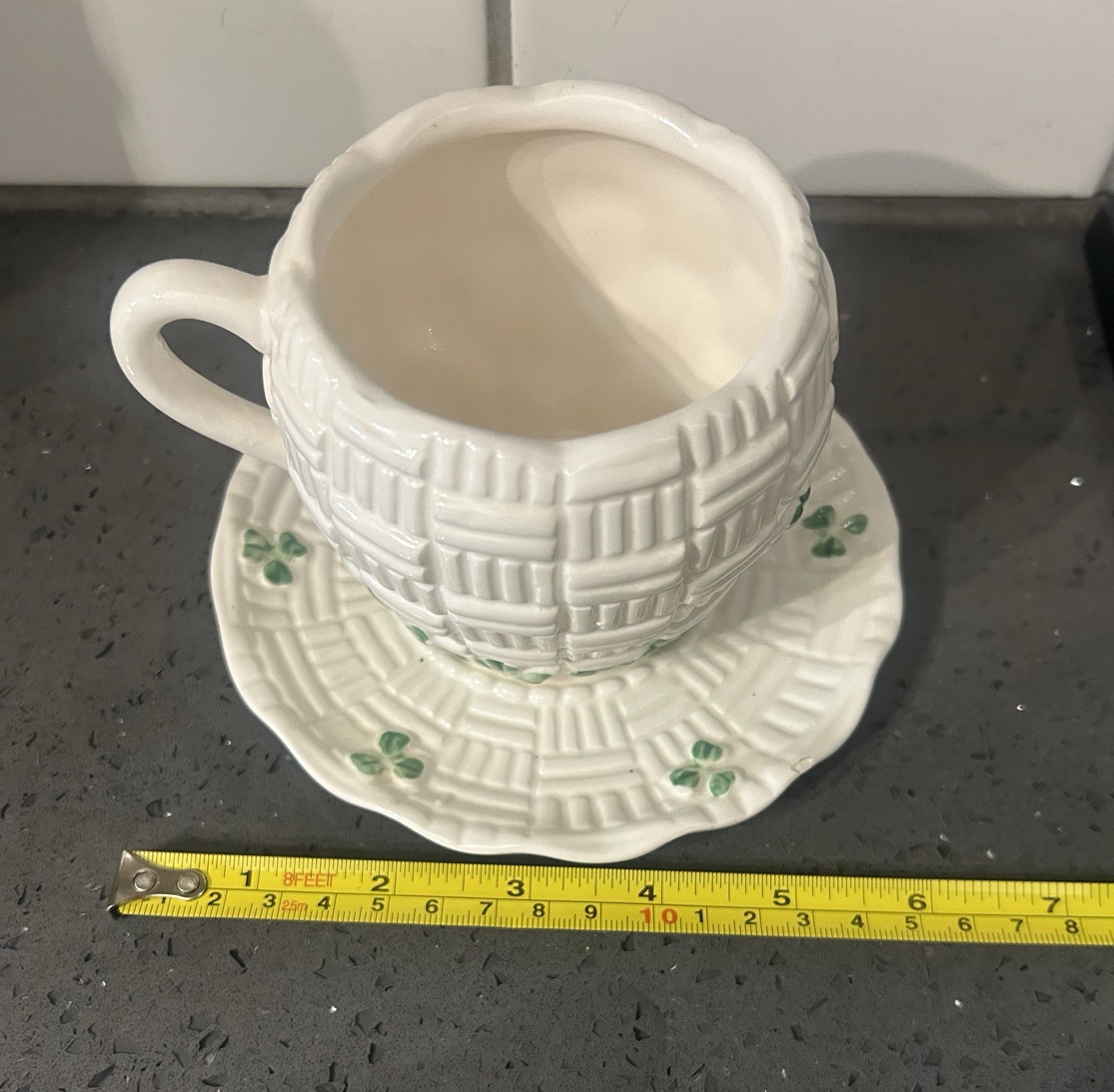 Shamrock Basketweave Centerpiece Planter Cup Attached Saucer Irish Garden