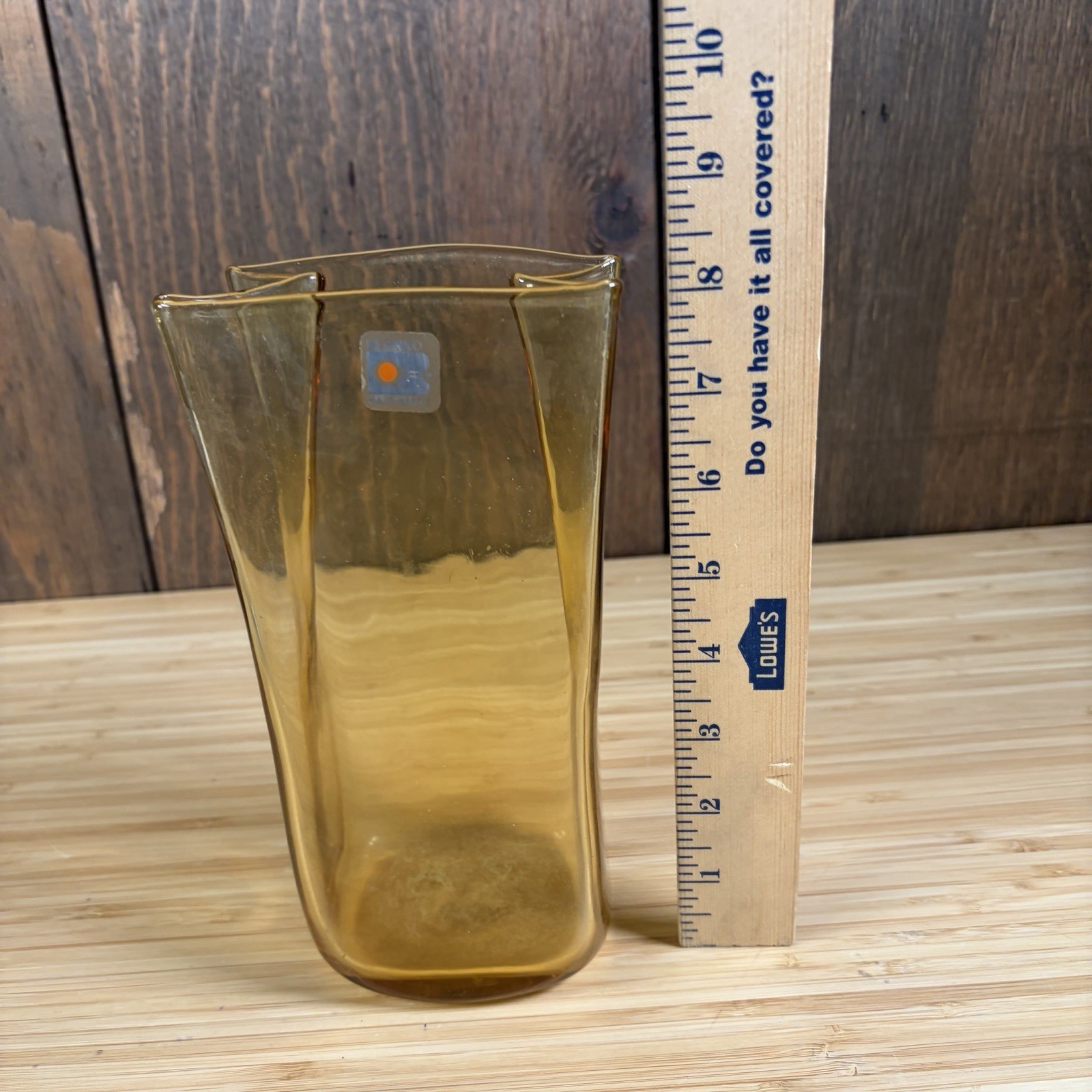Blenko Glass 8813 Amber Paper Bag Vase With Label USA Approx 8 1/4”H