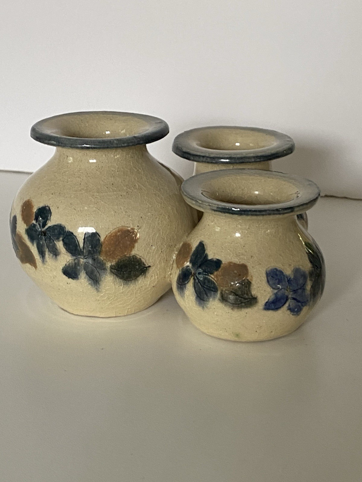 Handmade Art Pottery Small Bud Vase 3 Attached Beige Blue Flowers 3” Signed EUC
