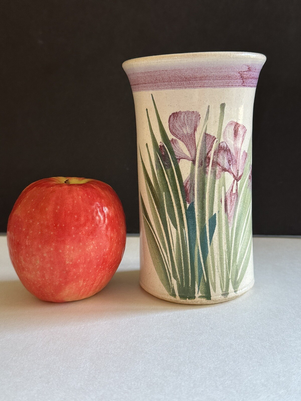 Studio Art Hand Thrown Pottery Vase Iris Hand Painted Artist Signed 6” USA