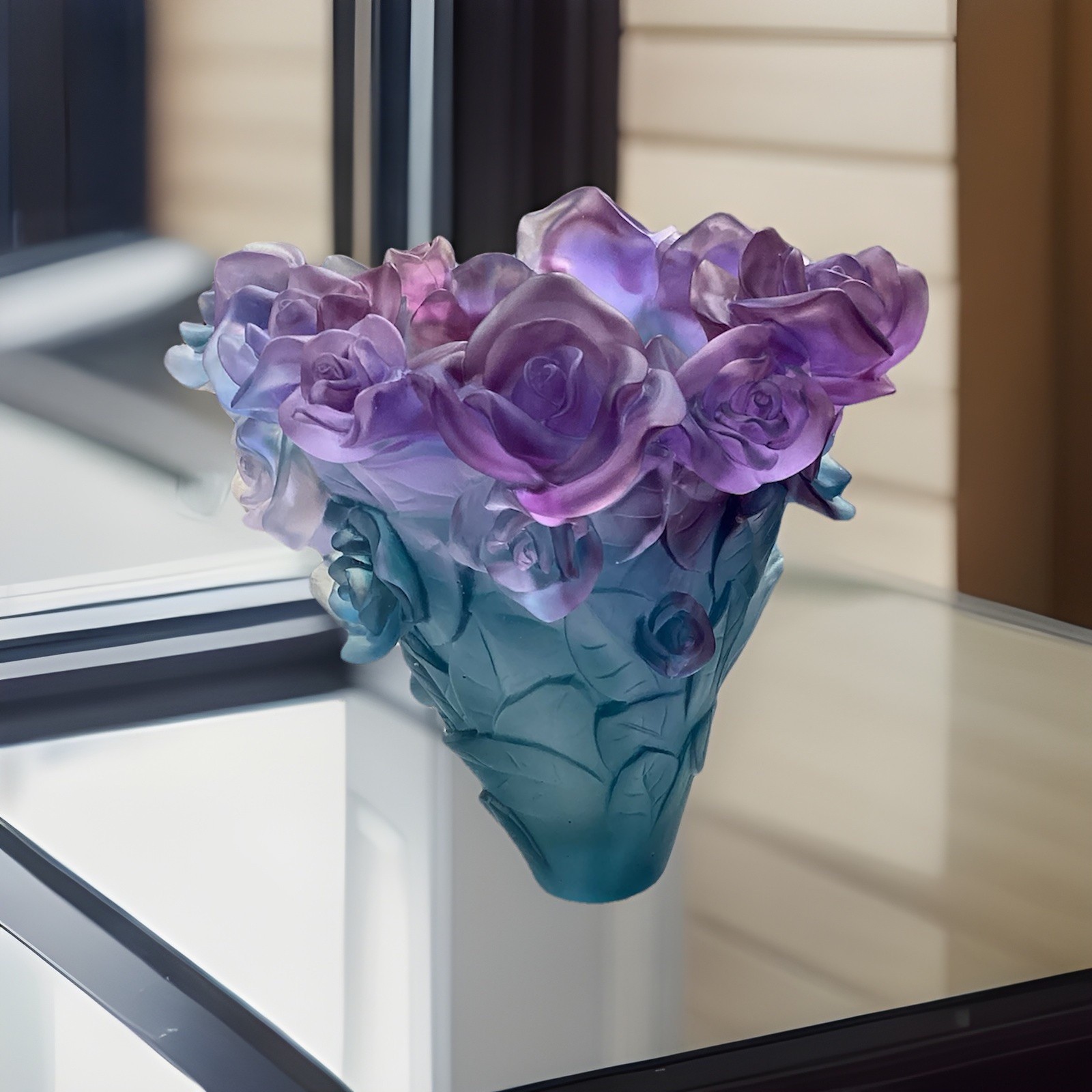 Nancy Daum Style Blue Multi Crystal Rose Vase H8.5”W8” Heavy Art Glass Limited E