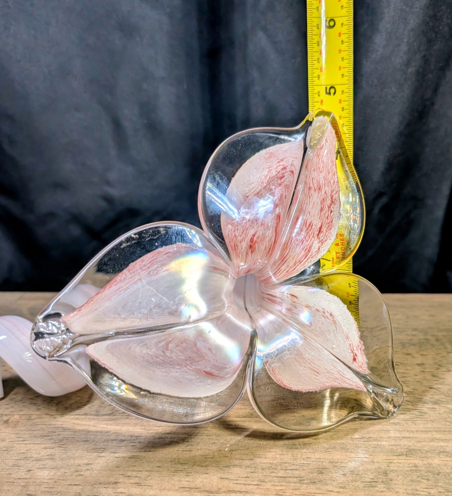 Hand Blown Glass Lily 3 Petal Flower Art Glass Spiral Stem Pink White Clear 6″