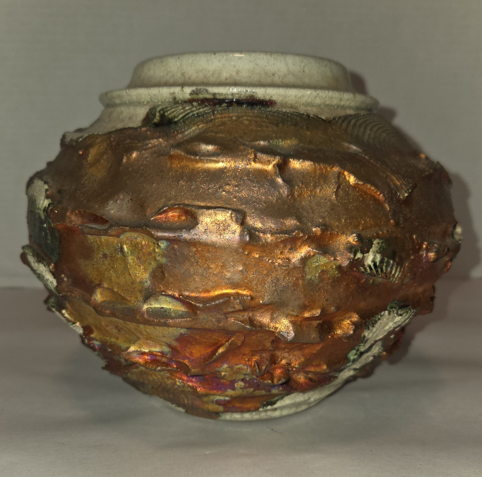 Bruce Odell Vase Studio Pottery Raku Iridescent Texture Copper Patina Centerpiec
