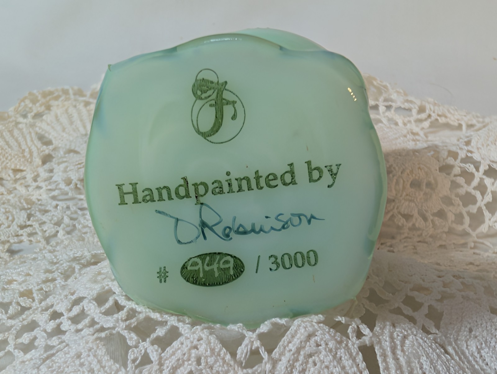 Vintage Fenton Jadeite Glass Egg Limited Edition #949/3000 Signed By D. Robinson