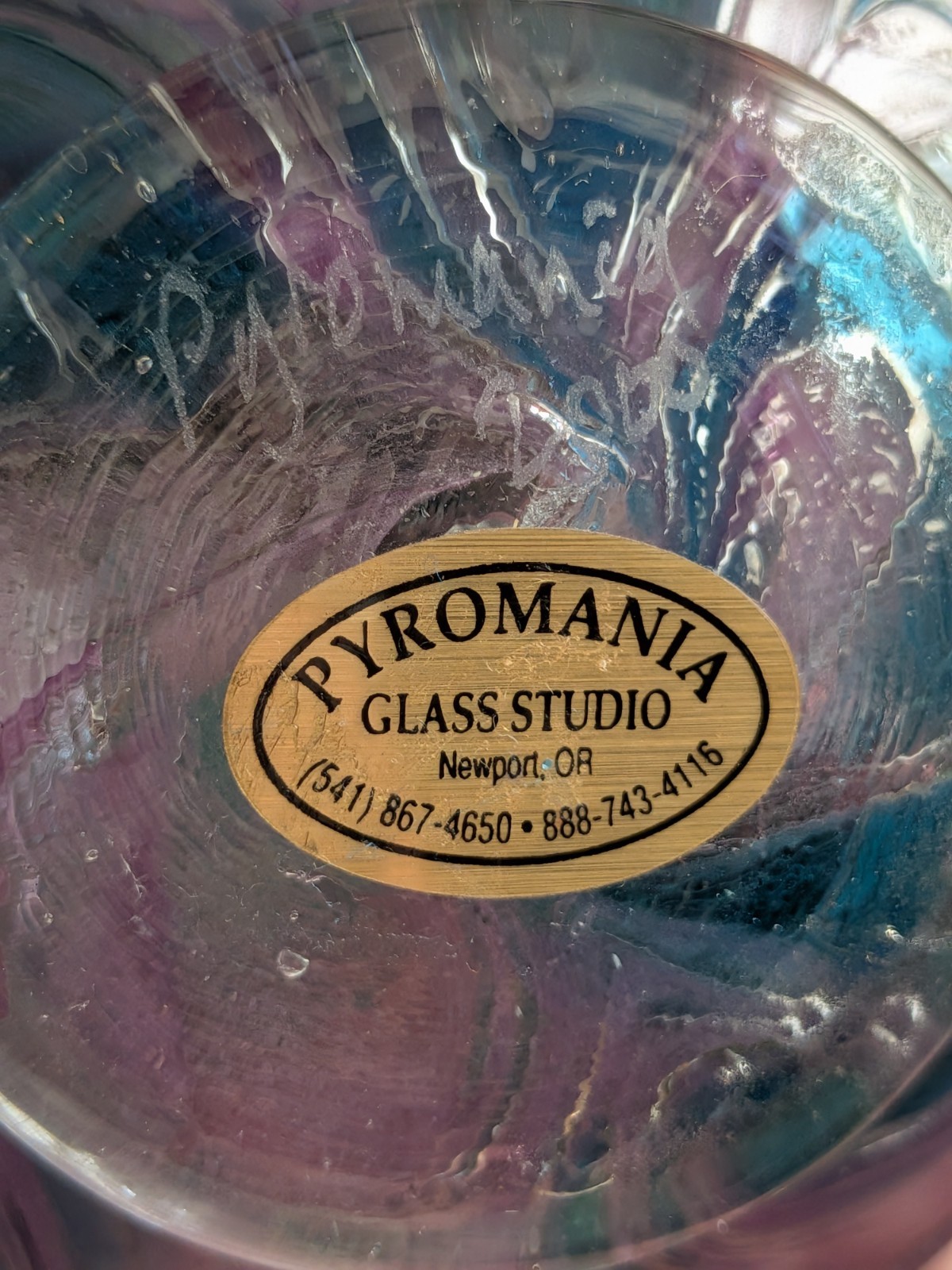 Pyromania Oregon Float Large Purple Art Glass Ball Orb Sphere Blue Swirl Signed