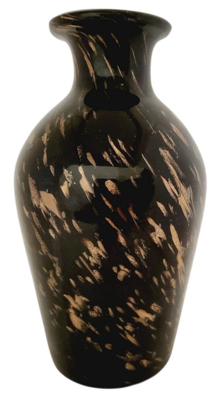 Vintage 1960s Black Gold Italian Adventurine Hollywood Regency Art Glass Vase 8″