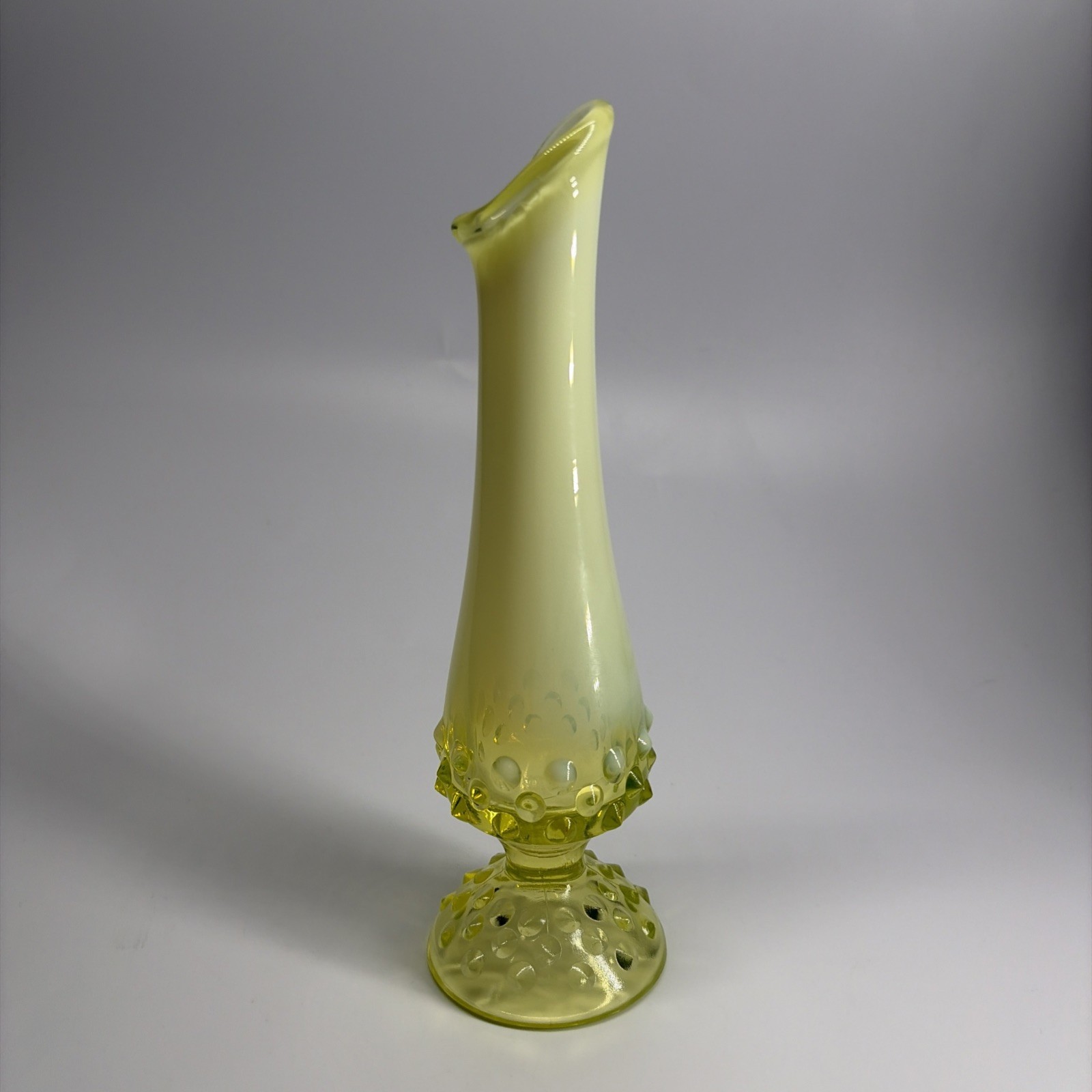 Fenton Topaz Opalescent Hobnail Swung Bud Vase 8″ Vaseline Uranium Glass UV Glow