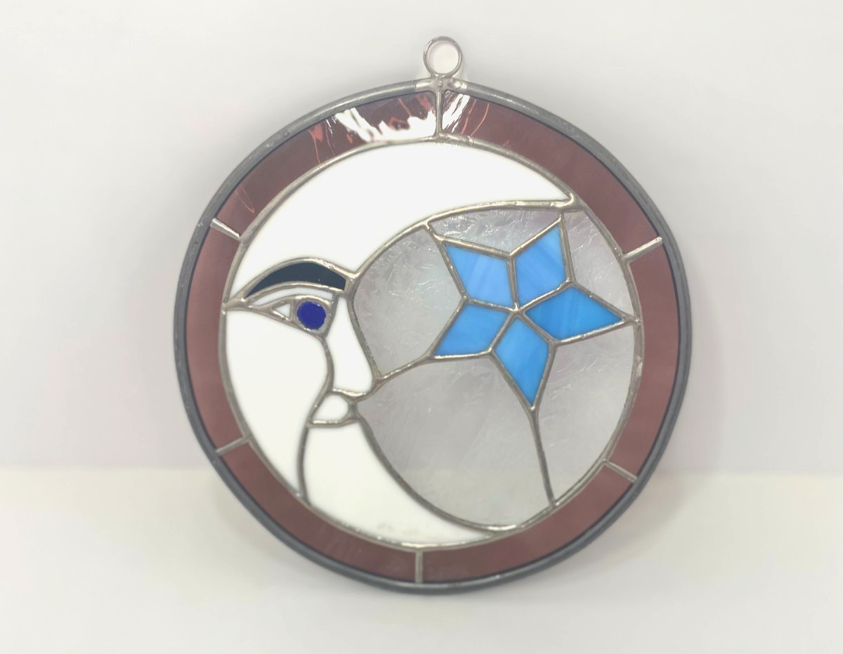 Moon & Star Stain Glass Panel: 8-inch, Purple/Blue/White, Glass Sun Catcher