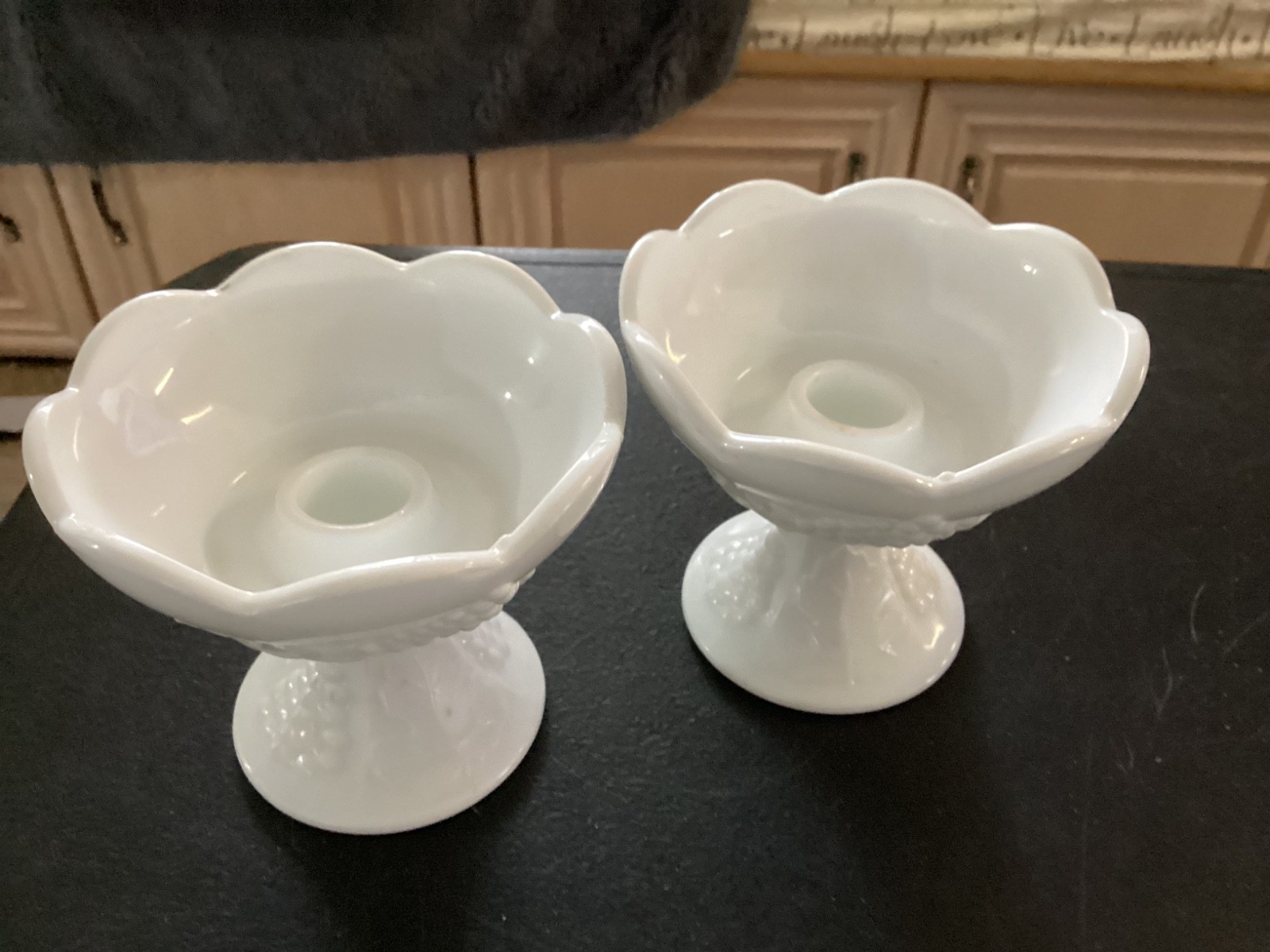 Pair of Milk glass scalloped top pedestal stick candle holder