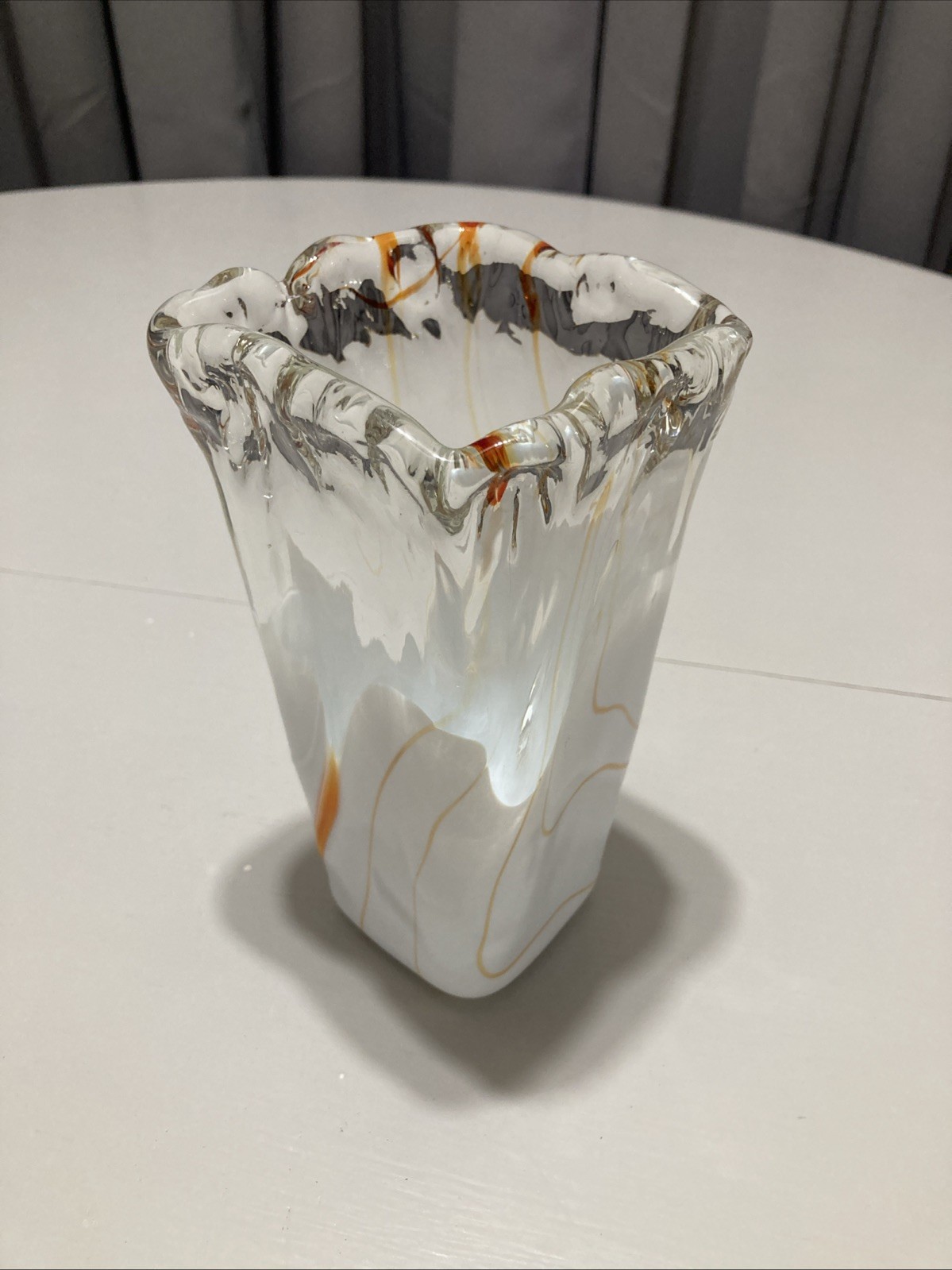 Vintage Handblown Modern Art Glass 7.75″ Vase Marbled Orange, White & Clear