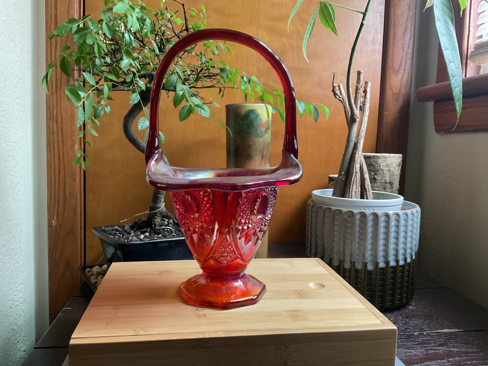 Vintage red Carnival Glass Basket Iridescent 10.5 in