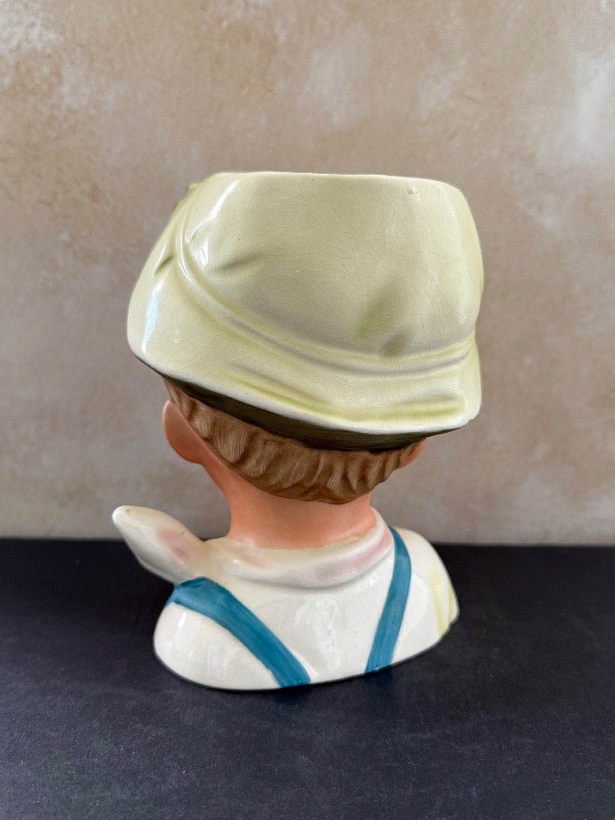 VINTAGE LADY HEAD VASE BRINNS BLONDE YOUNG BOY HAT SCARF 6.5”