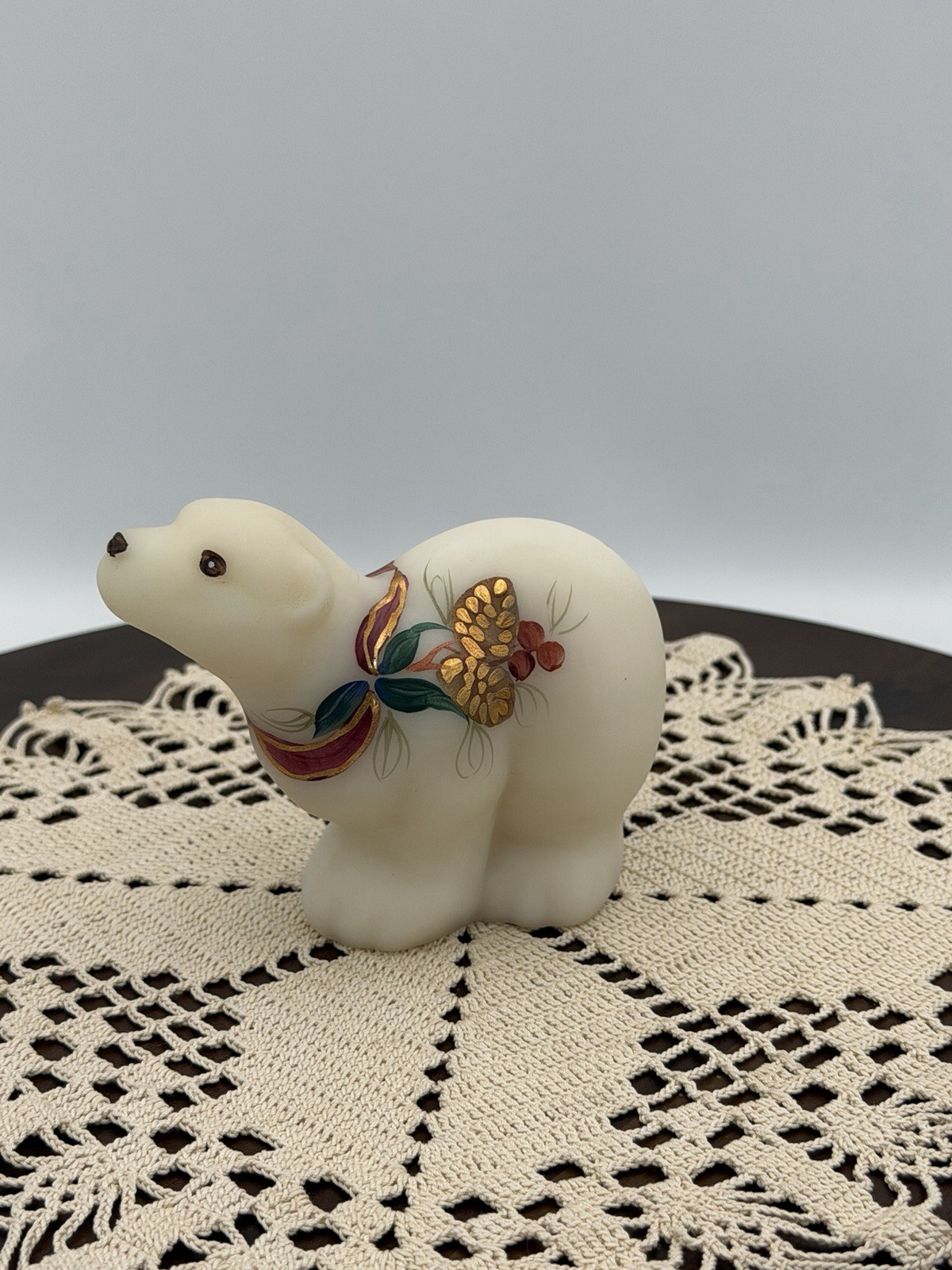 Fenton Hand Painted Polar Bear Figurine Signed w/ tag Pinecones Ribbon C. Smith