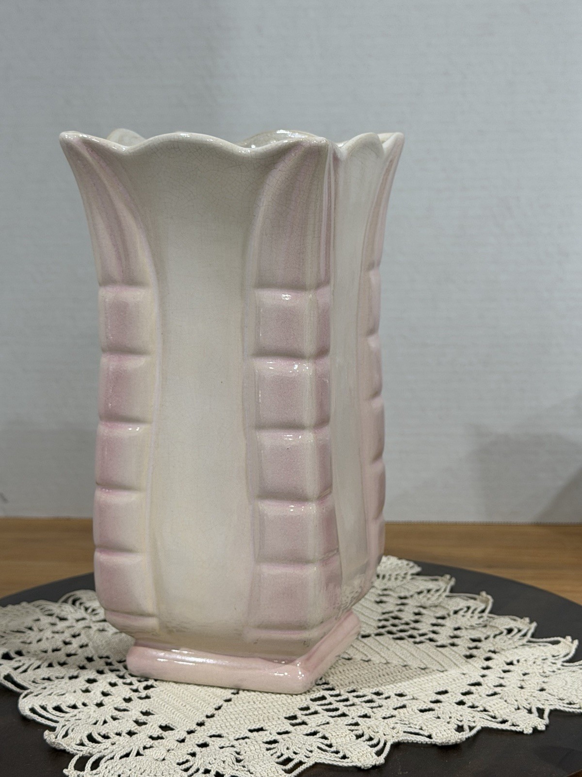 ROSEMEADE NORTH DAKOTA POTTERY SQUARE VASE 8 1/2” TALL, PINK TO CREAM