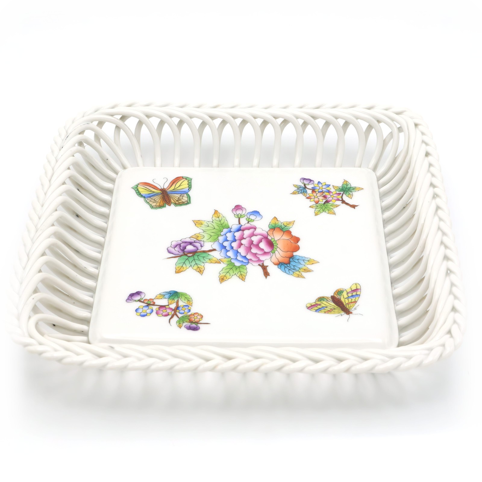 Herend Queen Victoria Open Weave Basket – Vintage Porcelain Centerpiece – Hand P