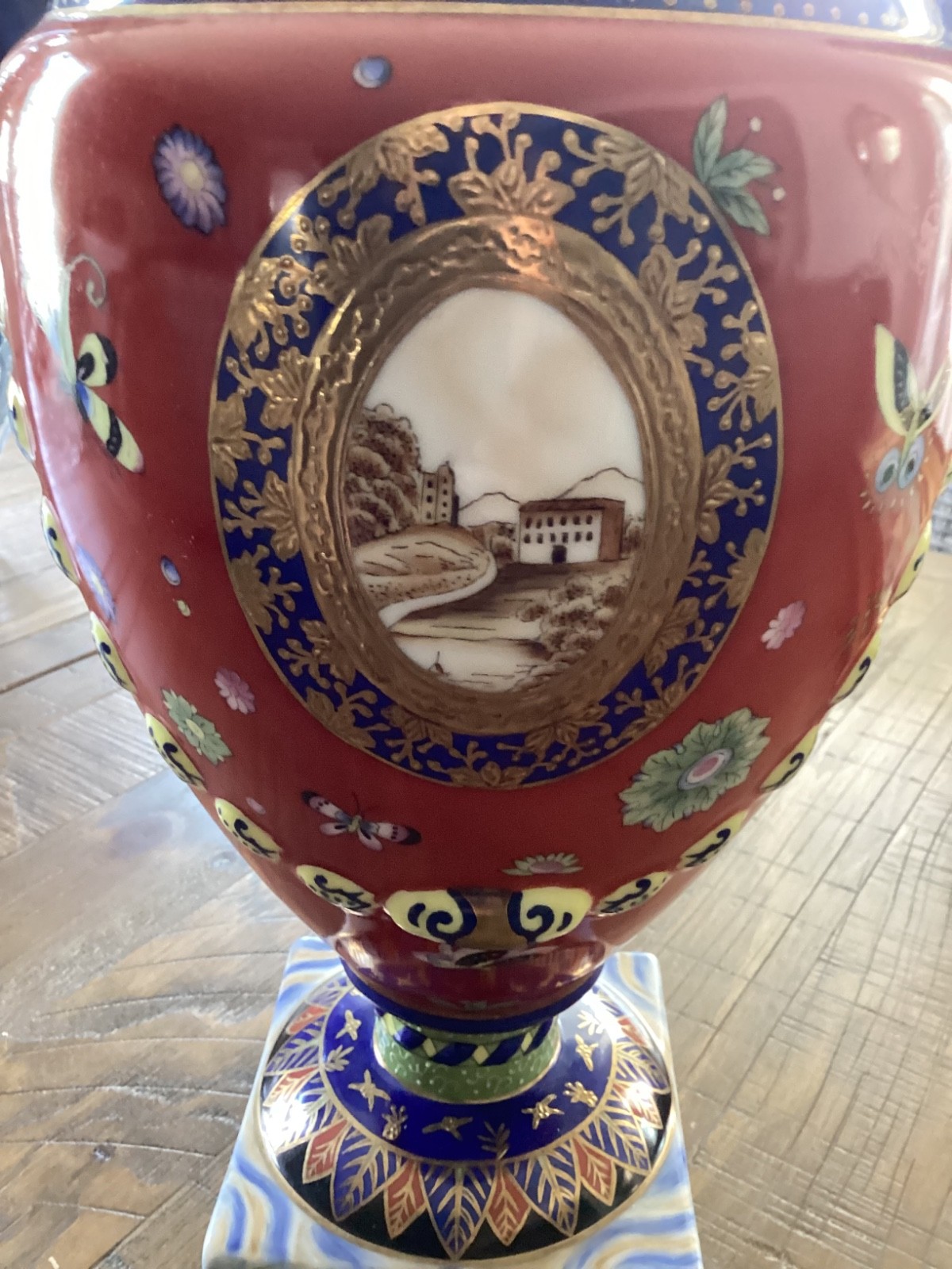 Chelsea House Neoclassical Urn Cachepot Blue Red Green Gold Porcelain Vase