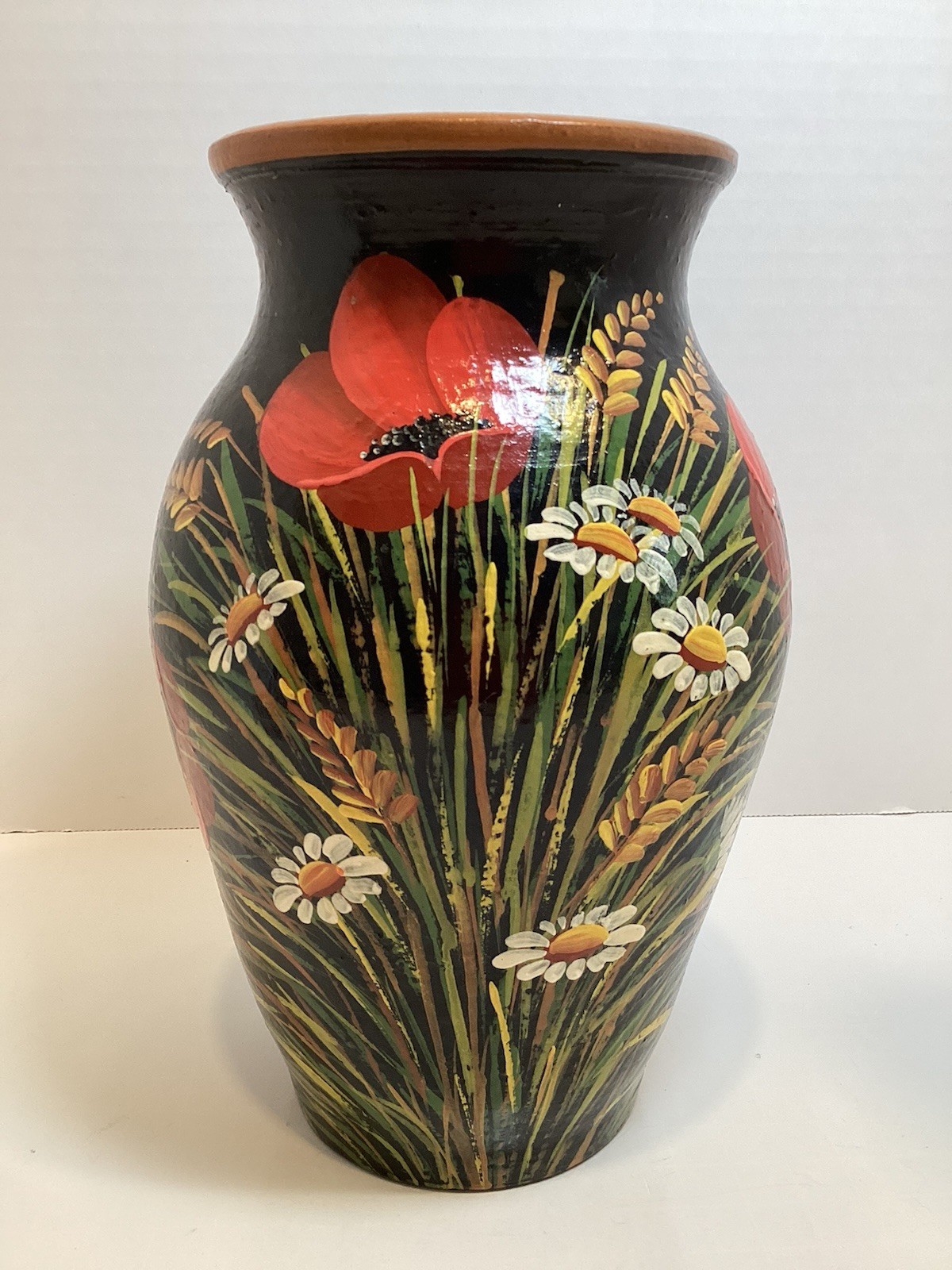 Vintage Handpainted Redware Pottery Vase with Poppies & Daisies SIGNED
