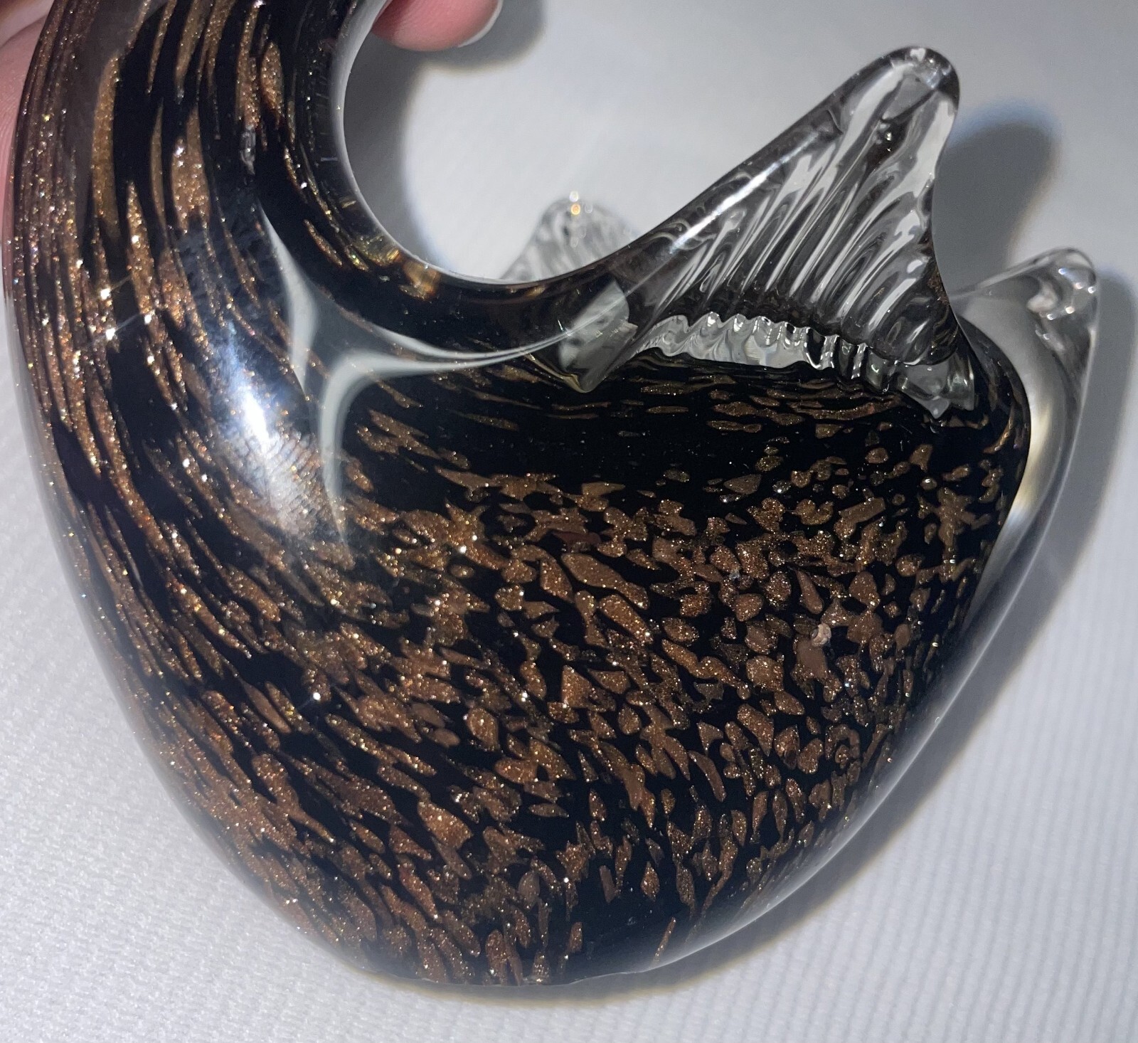 Set Of 2 Glass Swans Clear To Black W/ Gold Specks 6 1/2 Inches High