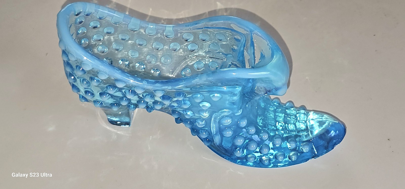 Blue Glass Shoe Figurine, Hobnail Pattern, Art Glass, Glossy Finish, Decorative