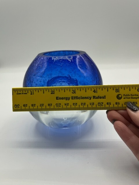 Heavy Glass Vase/Bowl Hand Blown Cobalt Blue and Clear W/Bubble Made In Poland