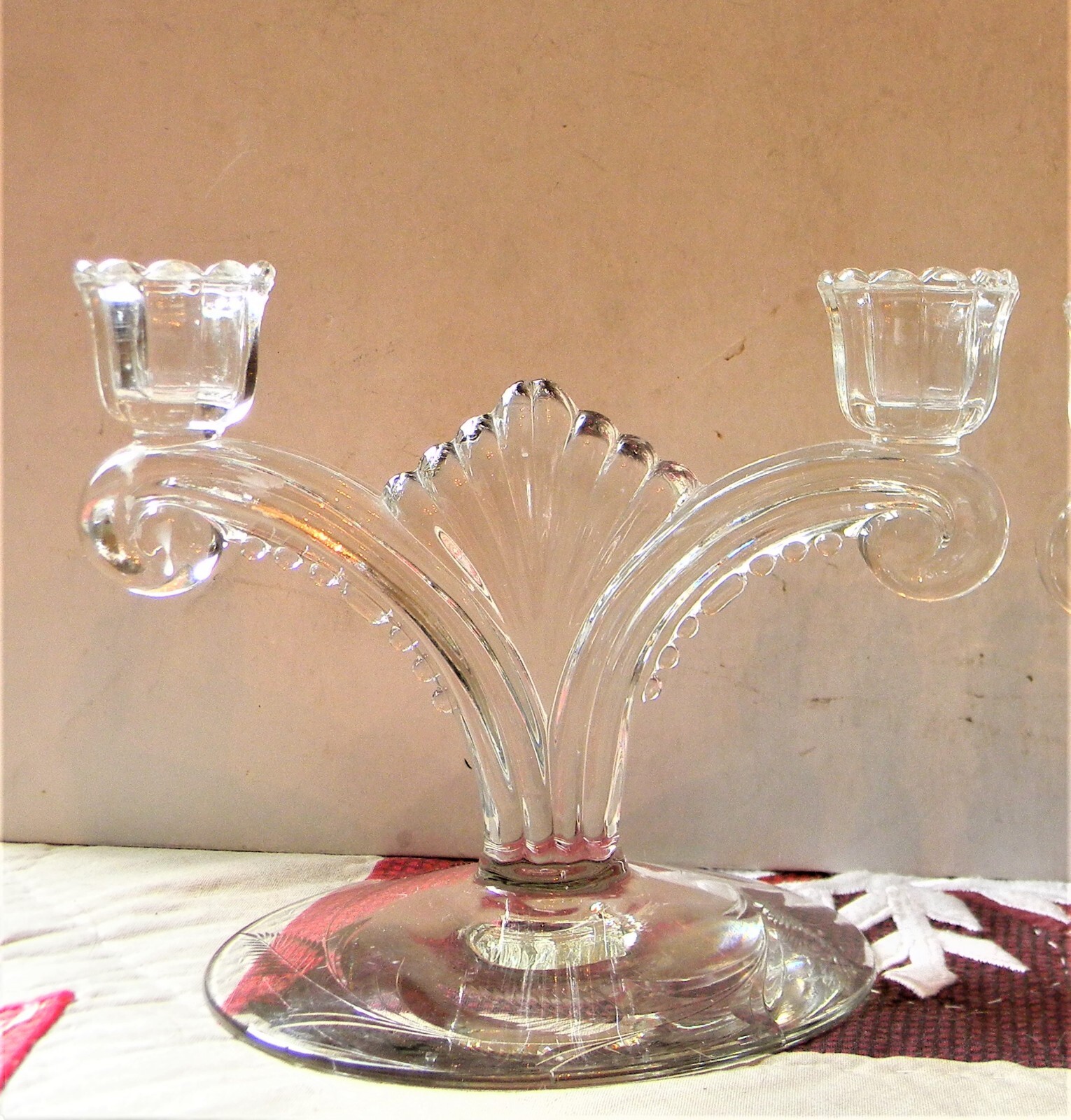 TIFFIN FRANCISCAN #5902 Pair Double Light Candlestick Holders ~ Engraved Wheat