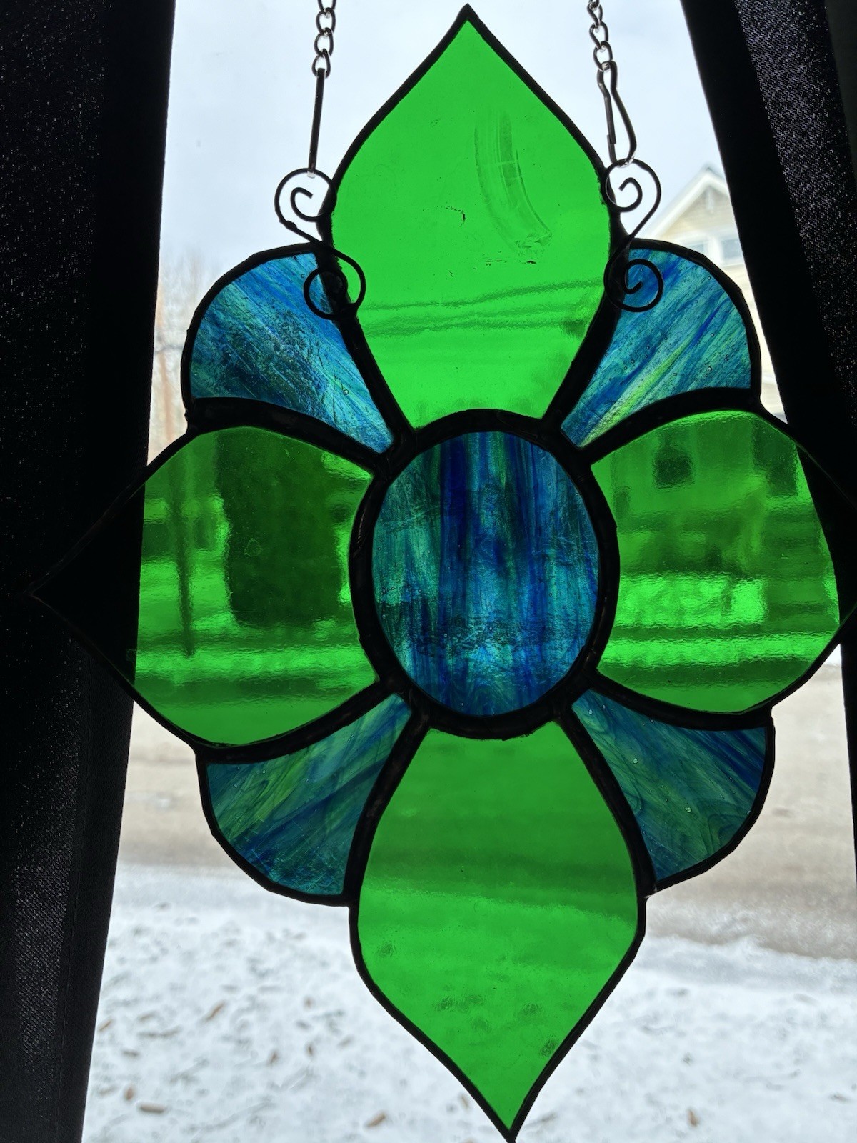 Stained Glass Leaded Flower Mandala Green Blue Window Panel Suncatcher 10×8”