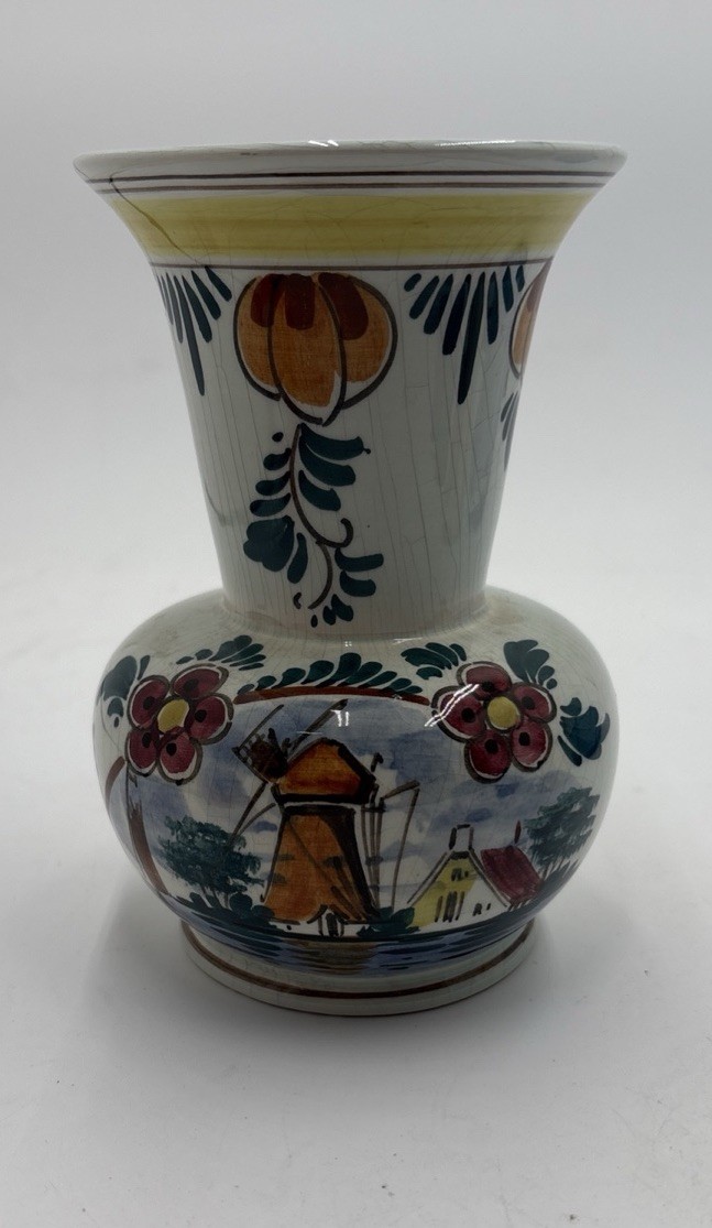 VTG Hand Painted Delft Polychrome Floral Handwerk Mill Vase 6”Signed Holland