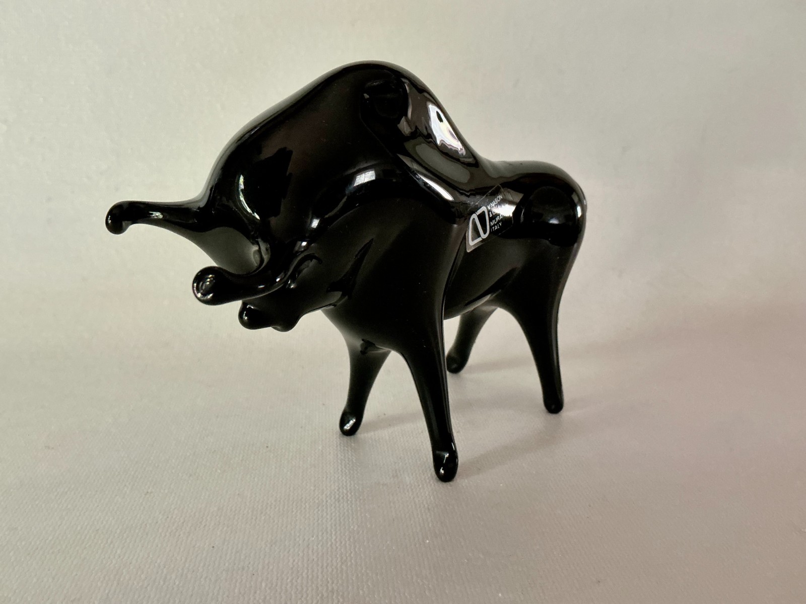 V NASON & C MURANO Art Glass Black Stylized BULL Sculpture Figurine Venice Italy