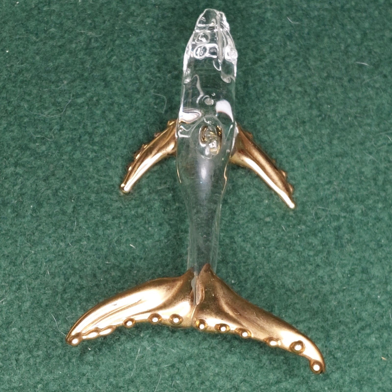 Vintage Glass Whale Figurine 4 inches long Clear with gold tail and flippers