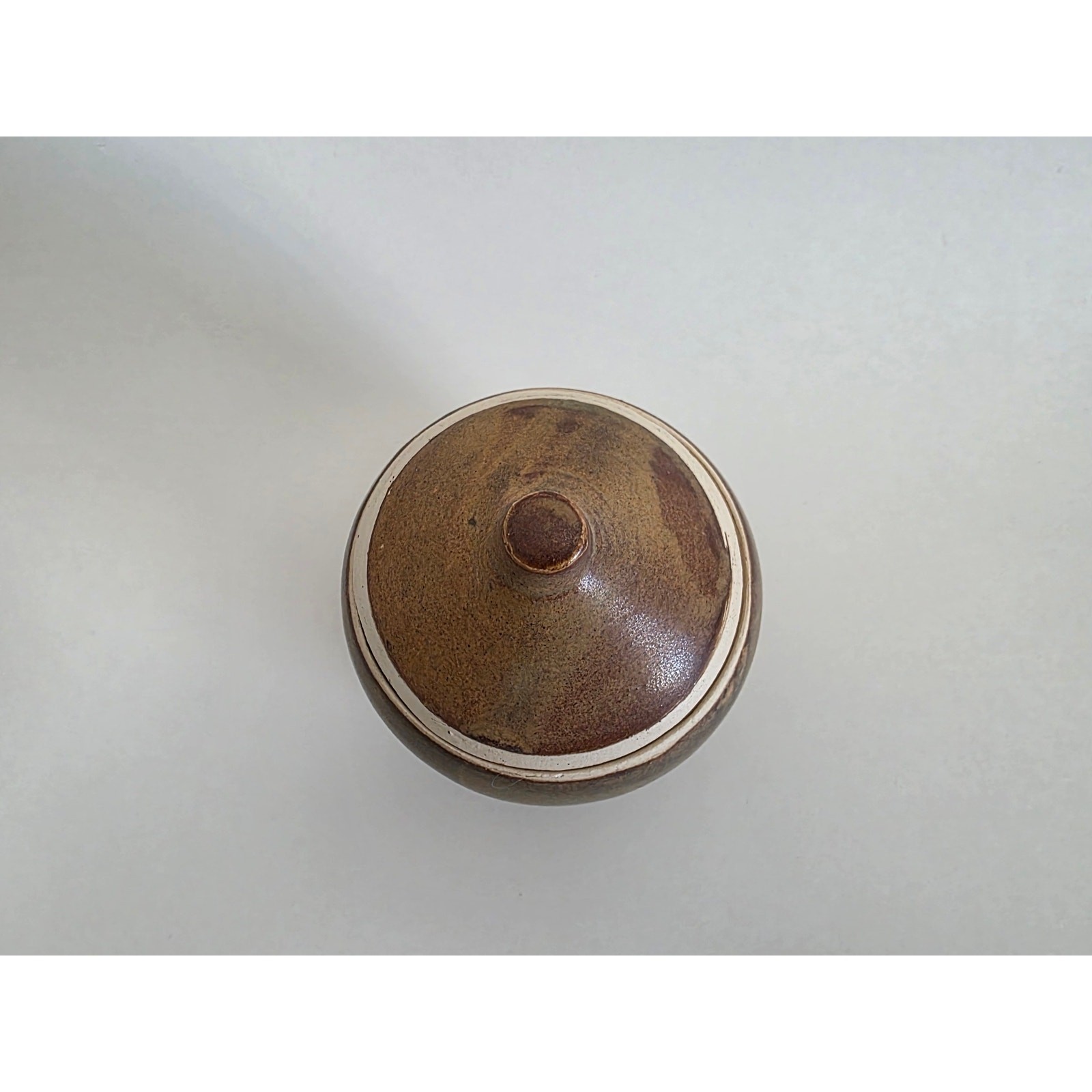 Handmade Studio Pottery Lidded Jar Signed EG – Brown Glaze, 4 x 3.25 in