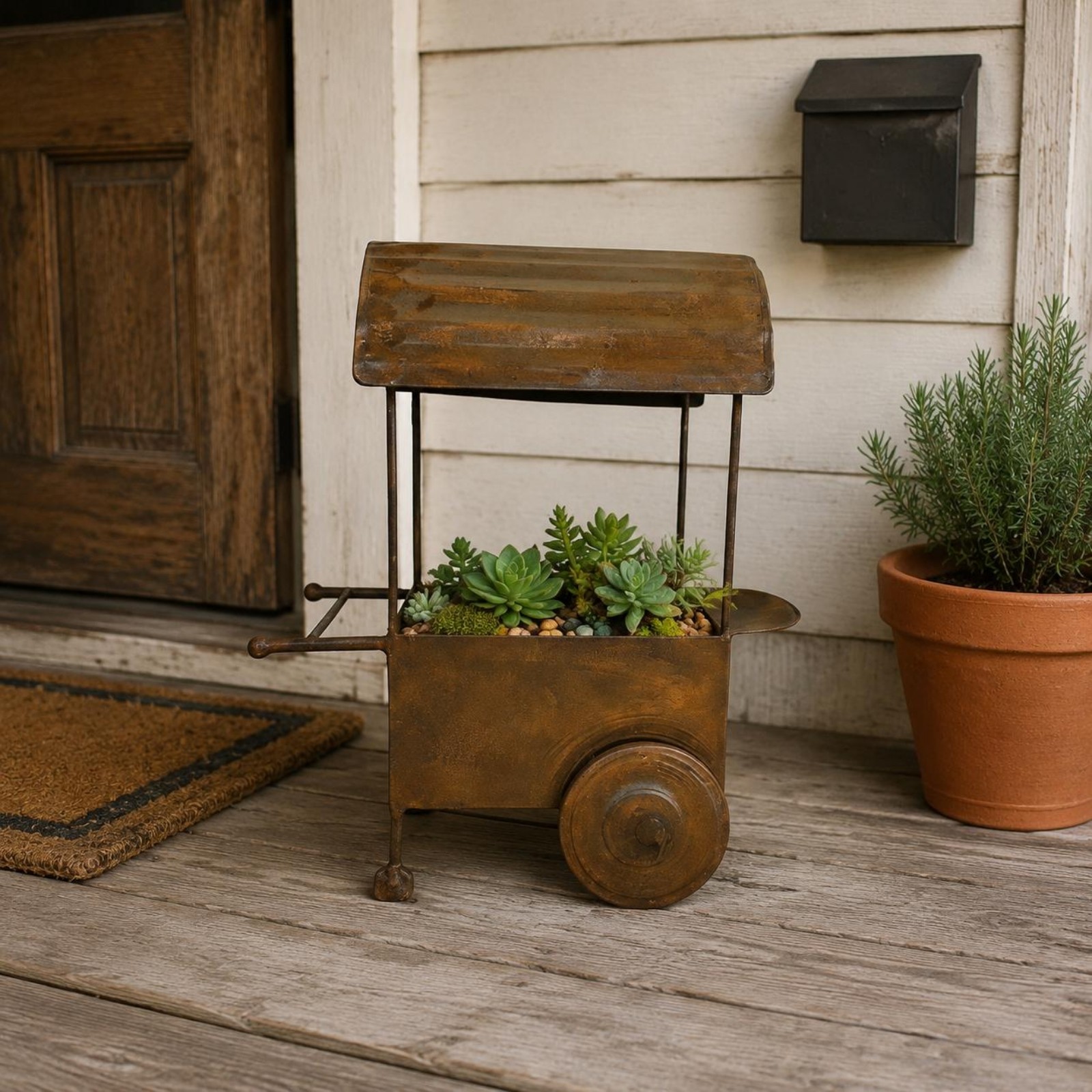 Distressed Metal Wagon Planter Arched Top Flower Wagon Small Size