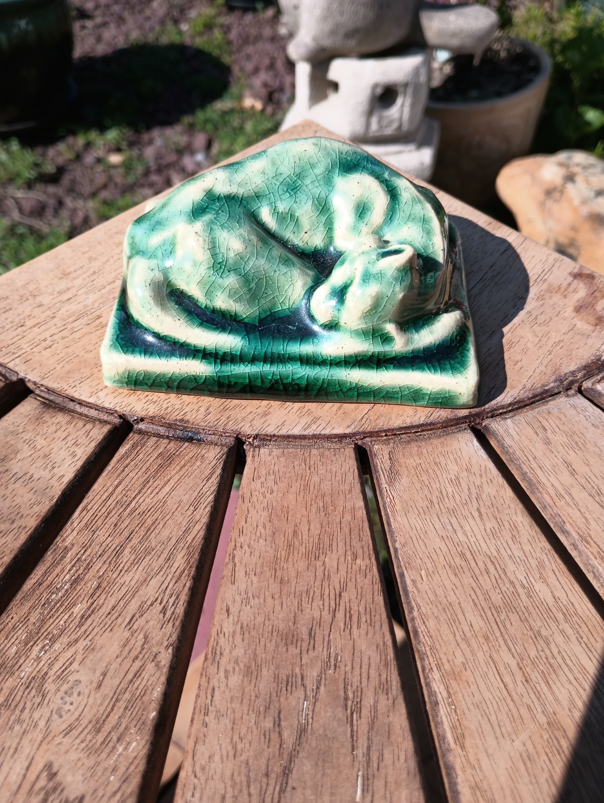 Excellent Condition Pewabic Pottery Sleeping Cat Paperweight of the Series 2004