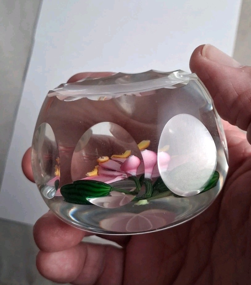Perthshire Faceted Blooming Theobroma Flower Art Glass Paperweight AS IS