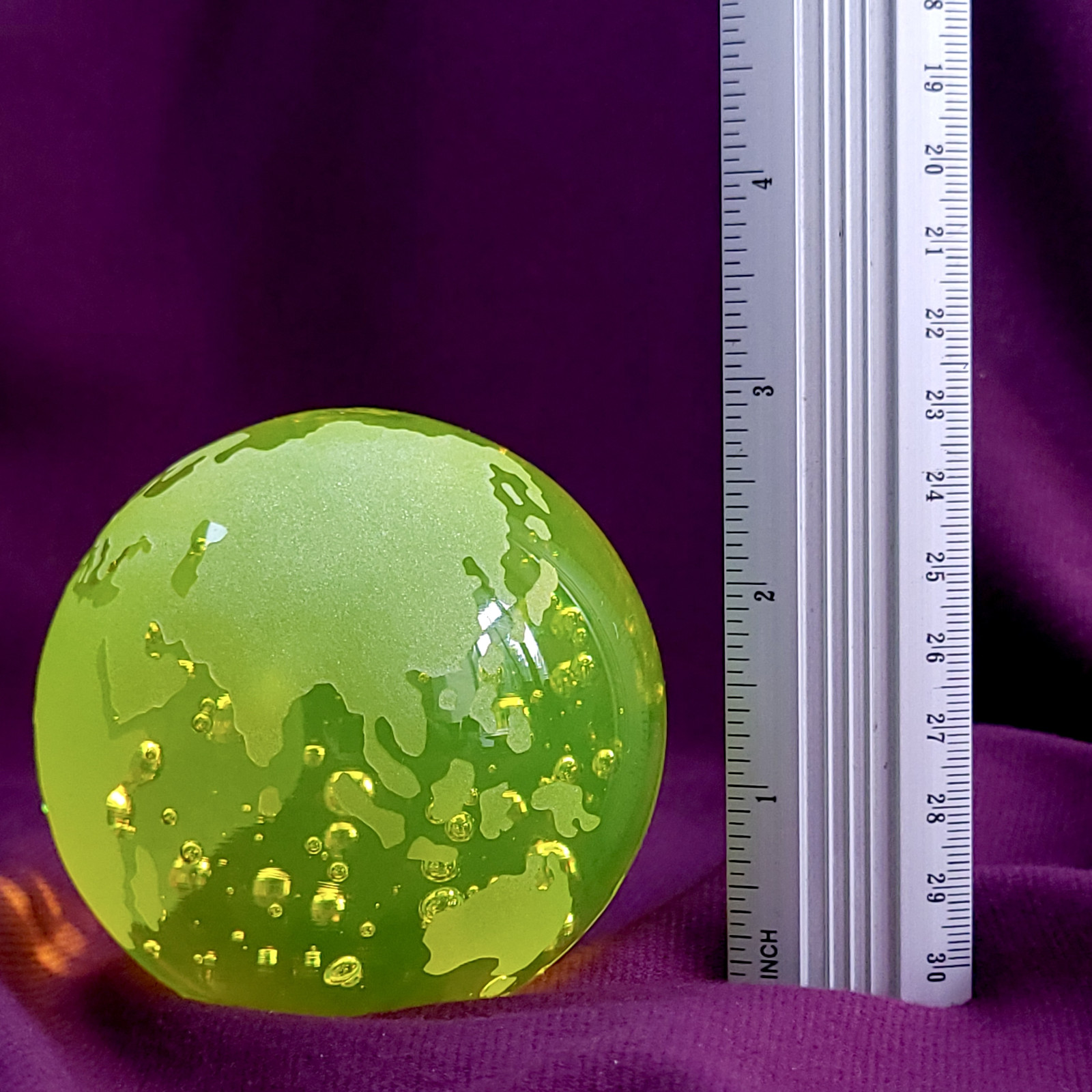 Uranium Glass Earth Paperweight 79mm Vaseline Glass Sphere Globe with Bubbles