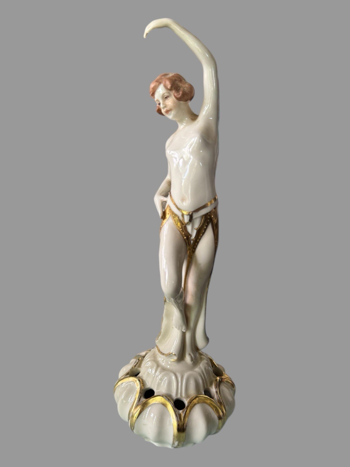 Vintage Art Nouveau Deco Gilt Decorated 11″ Figural Maiden Flower Frog Statue