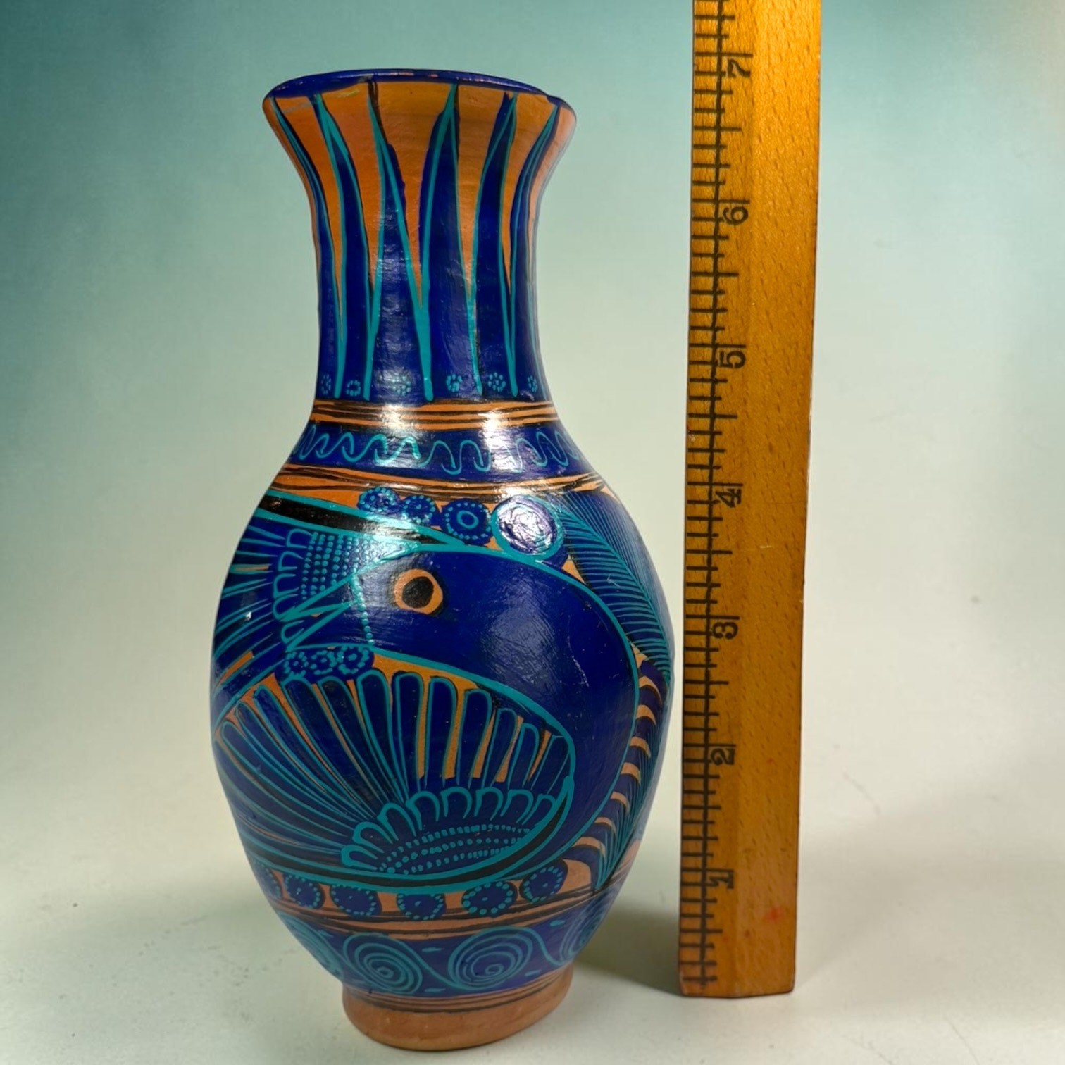 Vintage Mexican Folk Art Vase Talavera Blue Bird Wheel Thrown Terracotta Pottery