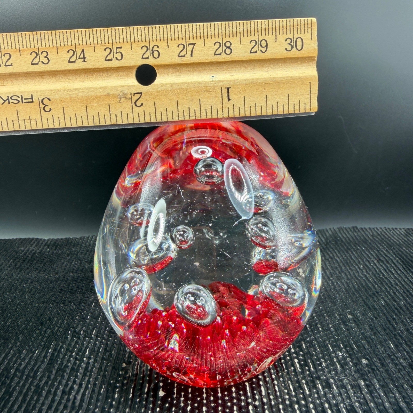 Art Glass Paperweight Egg Controlled Bubble Red Fritted Base 3 Inch Desk Decor