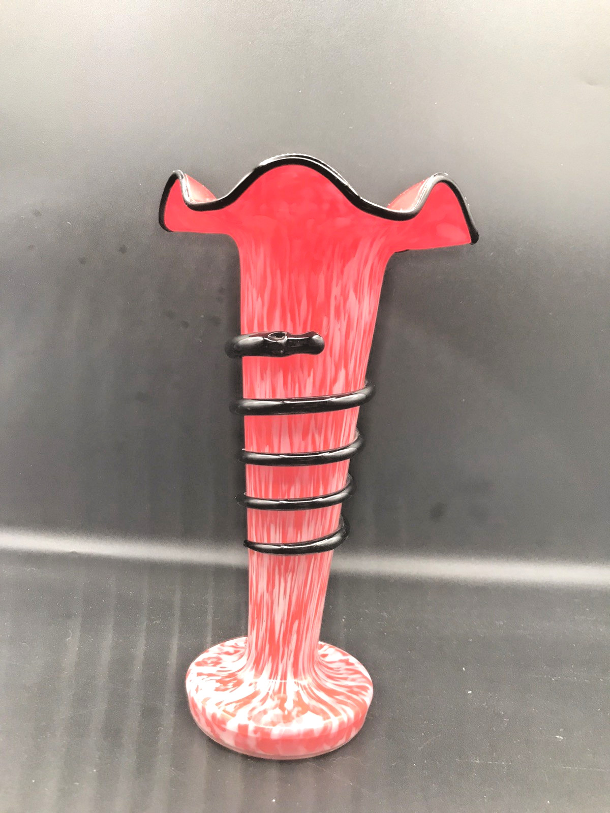Stunning VTG Czechoslovkia Red/Tangerine & White Glass with Black Wrapped Snake